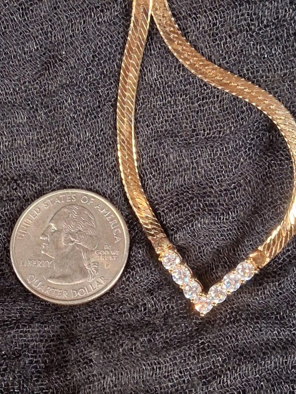 VTG Gold Herringbone Chevron V Necklace Clear Rhinestone Crystal Choker Chain - Picture 5 of 7